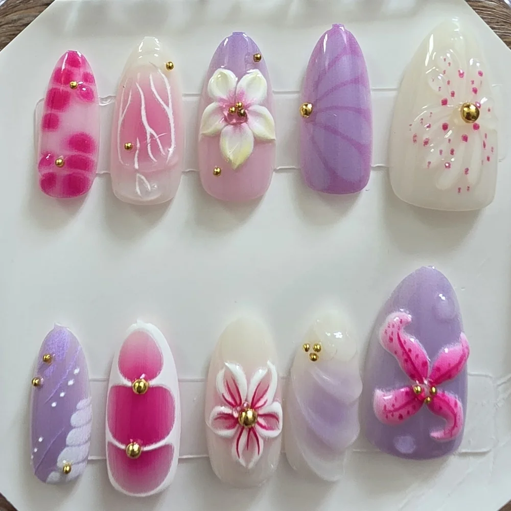 3D Floral & Hibiscus Press-On Nails | Purple & Pink | Size Medium
